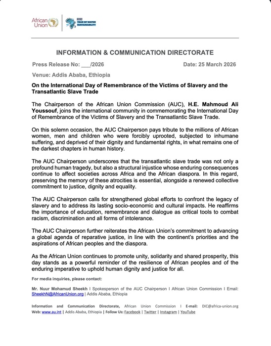 AUC Chairperson, Youssouf calls for strengthened global efforts to tackle the legacy of slavery